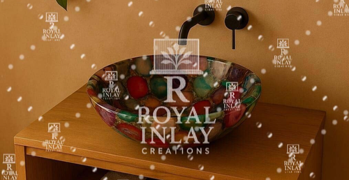 15" Colorful Agate Stone Sink | Round Gemstone Wash Basin for Luxury Bathrooms - Picture 3 of 8