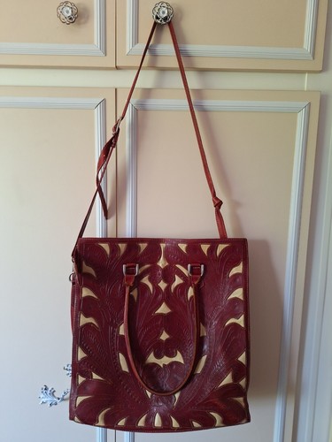 Leaders In Leather Hand Tooled Bag Western Cowboy Red & Nude Shoulder & Handbag - Picture 8 of 12