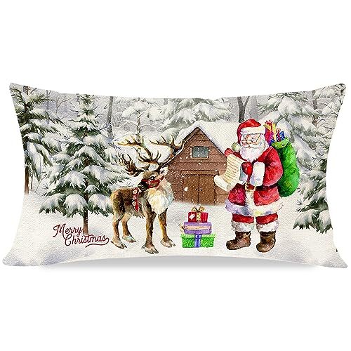  Weihnachtskissenbezüge 12x20 Winterwunderland Weihnachtsmann Rentier Wald D - Bild 1 von 7