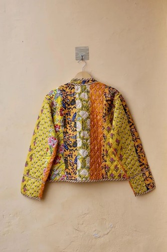 Gelbe Patchwork 100% Baumwolle Steppjacke Unisex indische Damenbekleidung - Bild 3 von 4
