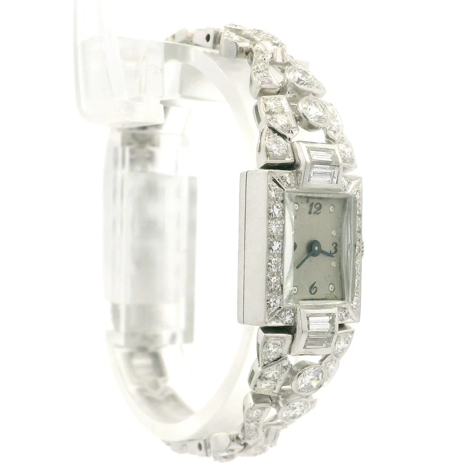 Antiguo reloj pulsera de platino antiguo redondo y corte baguette diamante elegante Foto 3 de 4
