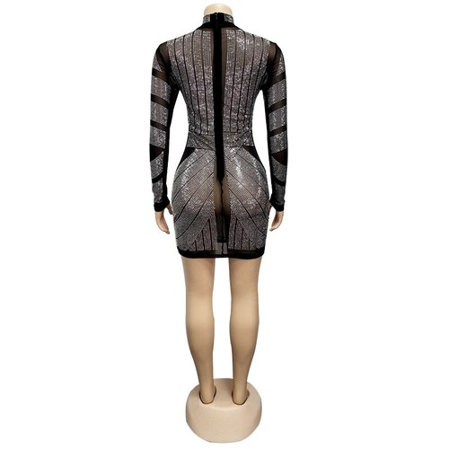 Mode Damen Langarm Netz durchsichtig Strass Bodycon Nachtclub Kleid - Bild 9 von 12