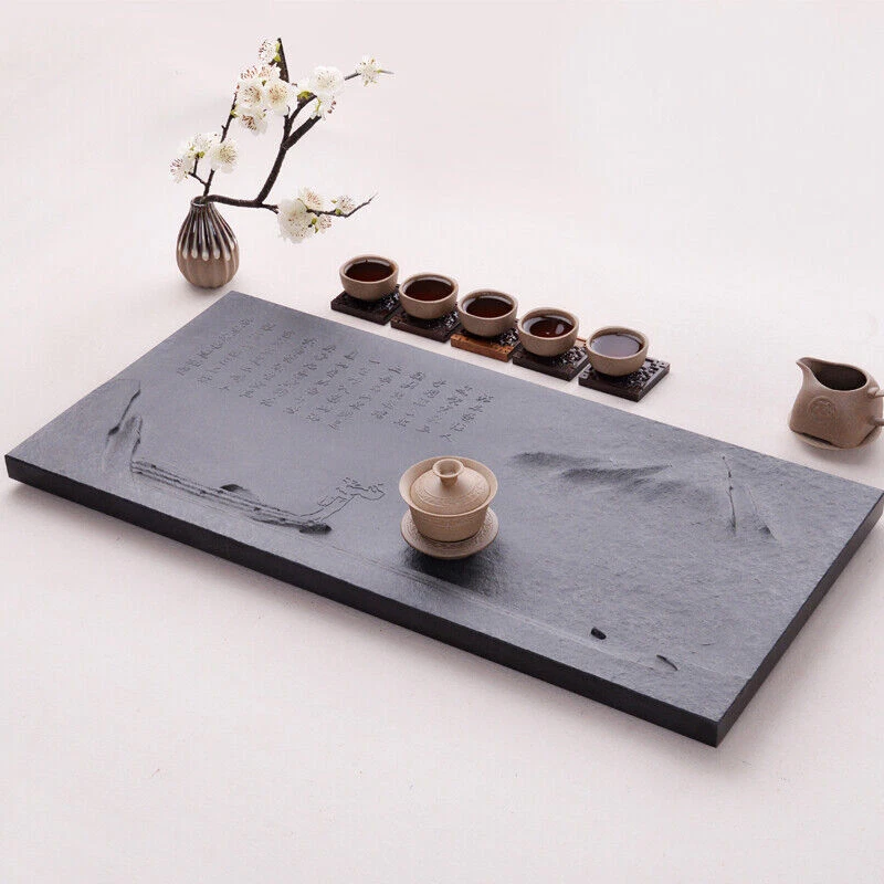 Boutique Black Stone Tea Tray Hand Embossed Mountain River Poem Carved Table New - Image 4 of 4