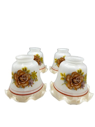 Fan Glass Lamp Globe Shades Lustreware Luster Brown Peach Roses Ruffled Vintage - Picture 6 of 18