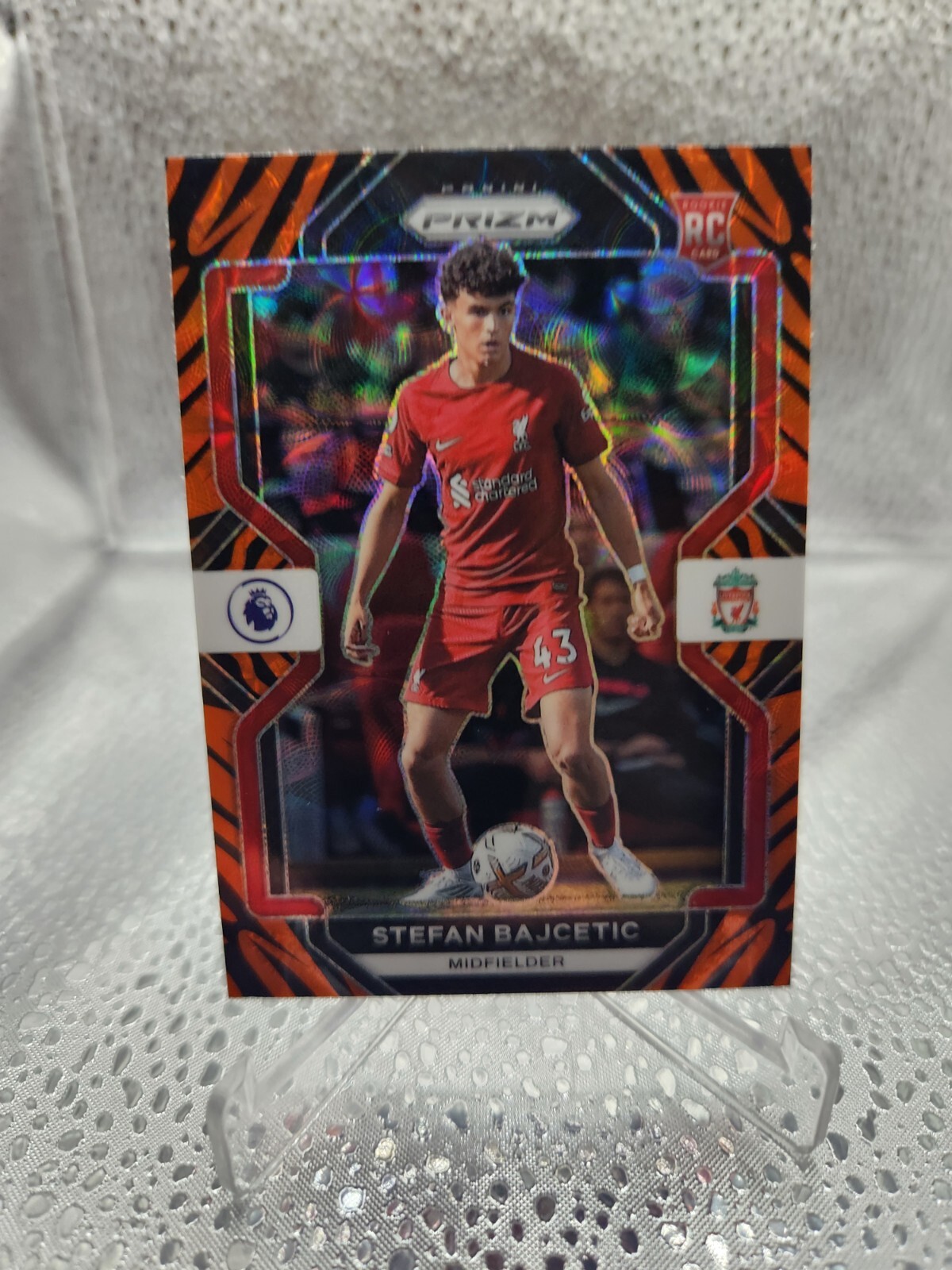 2022-23 Prizm EPL Stefan Bajcetic Choice Rookie Tiger Stripe SSP #147
