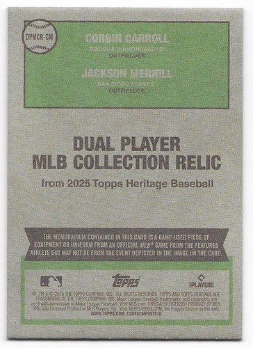 Colección Topps Heritage Doble MLB 2025 Reliquia Jackson Merrill & Carroll DPMCR-CM - Imagen 2 de 2