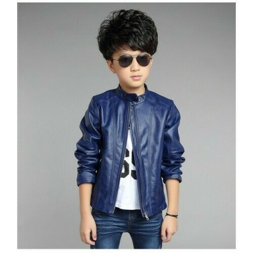 Stylish Blue Leather Jacket Kids Genuine Lambskin Jacket Handmade Party Jacket - Afbeelding 1 van 5