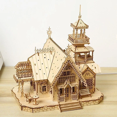 3D Holz Puzzle Puzzles für Erwachsene Beleuchtete Villa Bausätze Weihnachts DIY