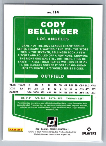 2021 Donruss #114 Cody Bellinger /494 Career Stat Line - Picture 2 of 2