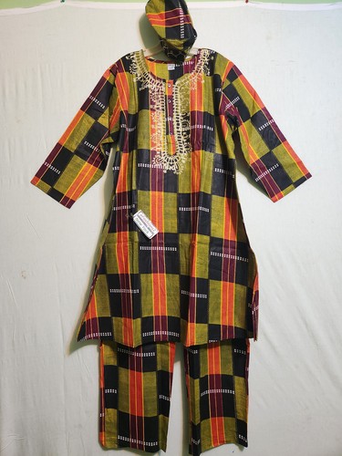 African Kente Cloth Print 3Pcs Pant Set For Men With Cap Free Size - Picture 6 of 8