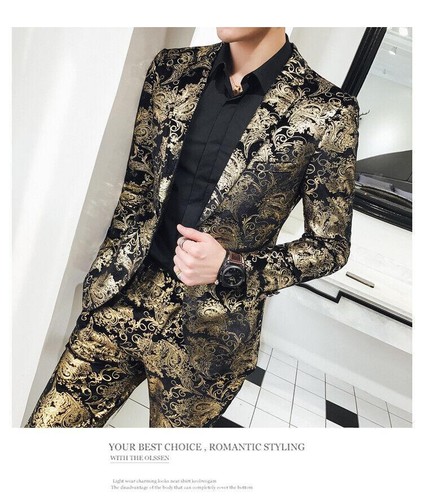 Herren Formell Elegant Gold Revers Blumendruck Mäntel Jacke Anzug Hose Sets - Bild 7 von 13