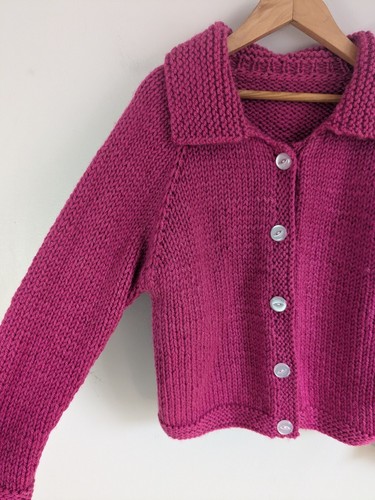 Hand Knitted Girls Cardigan Sweater Magenta Pink Chest 30" Soft Yarn Collar Nice - Picture 4 of 8