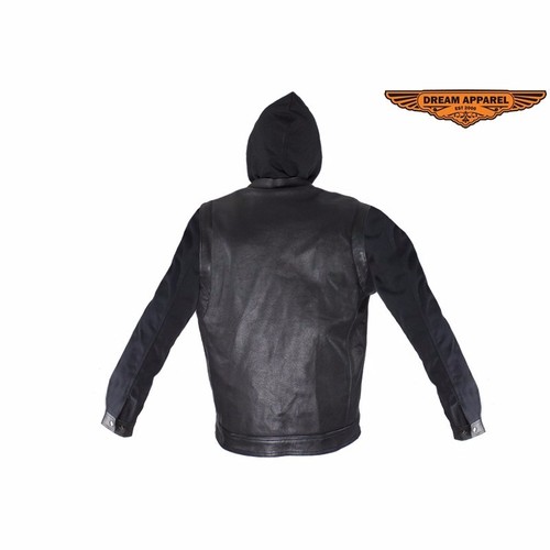 Chaqueta de cuero negra oculta con mangas de lona extraíbles y sudadera con capucha - Imagen 4 de 9