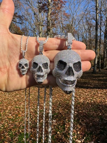 Solid 925 Silver MOISSANITE Skull Iced Fully 3D Hip Hop Pendant Necklace 3 Sizes - Picture 21 of 24