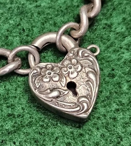 VINTAGE STERLING SILVER 925 PUFFY HEART CHARM BRACELET WALTER LAMPL PADLOCK  - Picture 9 of 21