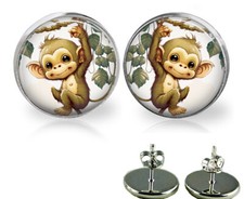 Baby Monkey Glass Top Stud Earrings 3 Sizes Handmade Wild Life Photo Jewelry