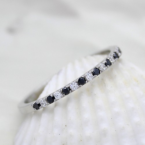 Black & White Real Diamond Unique Stackable Wedding Band 14kt Solid White Gold - Picture 2 of 7