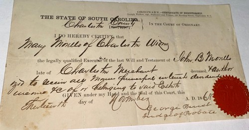 Rare Antique Southern American Charleston South Carolina Estate Document! 1868!