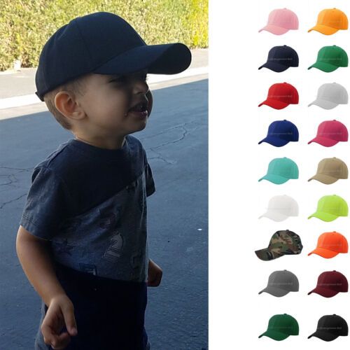 Baseball Cap Plain Kids Boys Solid Hats Curved Visor Hook-N-Loop Adjustable - Picture 1 of 25