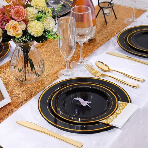 Round Metallic Edge Disposable Plastic Plates Wedding Party Value Sets 120 pcs - Bild 9 von 50
