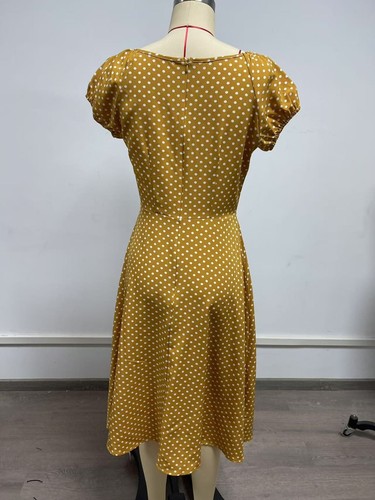 Women's short-sleeved dress yellow Drawstring A-line skirt Mid-length summer - Picture 4 of 5