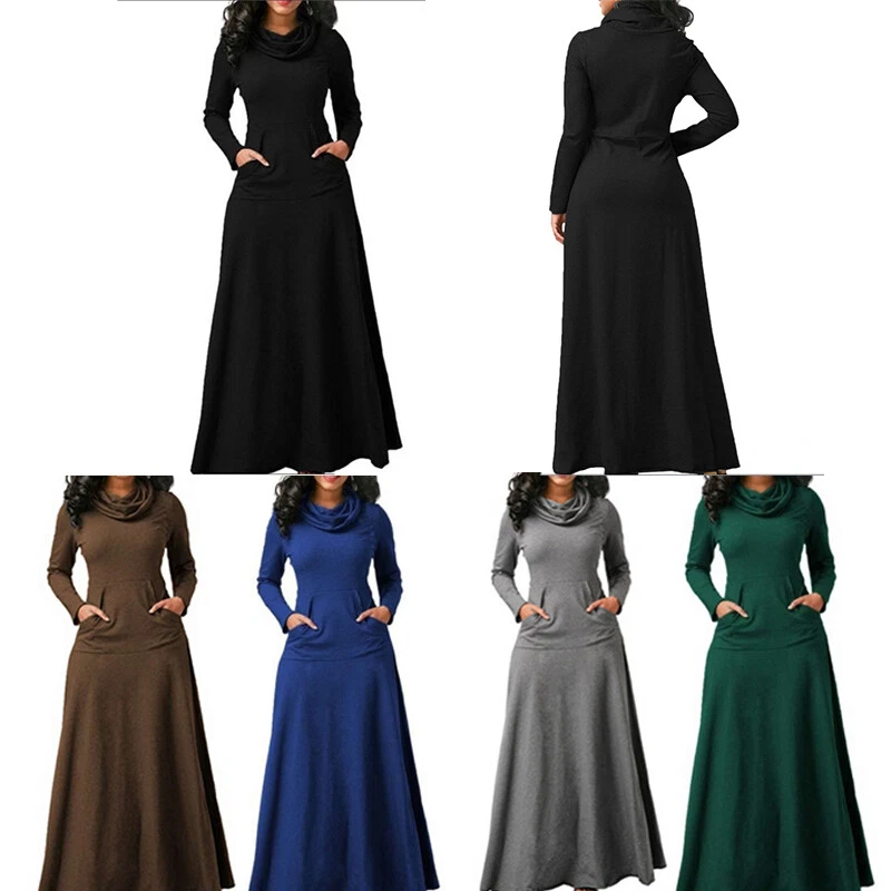 Womens Casual Pocket Maxi Dress Ladies Long Sleeve High Neck