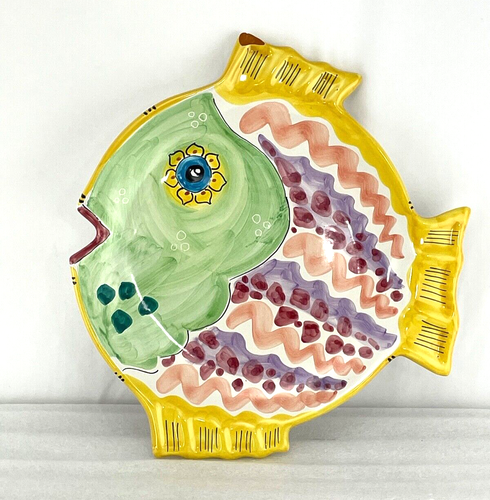 Italian Ceramic Yellow Fish Plate, Vietri Italy, SRL, Vietri Sul Mar,  11.5" W - Picture 1 of 10