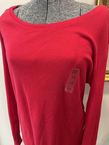 Crown & Ivy Perfectly Pima All Cotton Red 1X Women’s Scoop Neck Long Sleeve Tee - Picture 2 of 13