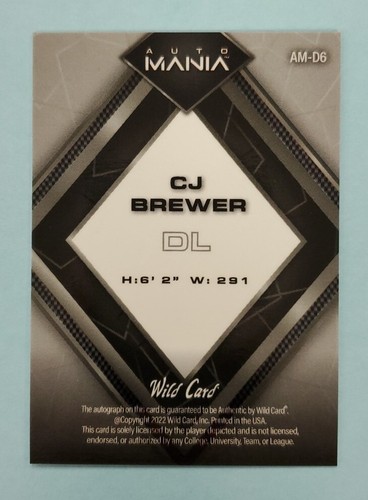 2022 Wild Card CJ Brewer Auto Mania #AM-D6 Card - Picture 2 of 2