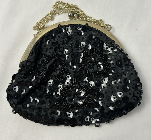 VTG Bead Sequin Small Clutch Black Gold Chain Cocktail Wedding - Picture 2 of 4