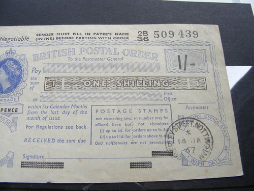 1967 British 1/- Postal Order With Counterfoil Stamped Nottingham - Picture 4 of 5