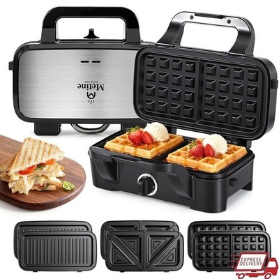 3-in-1 Waffle Maker Sandwich Grill Nonstick 1200W Temperature Control Compact US