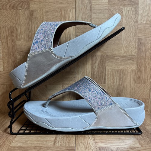 FitFlop Lulu Zehenstegsandalen silber/blau Glitzer Größe UK 6,5