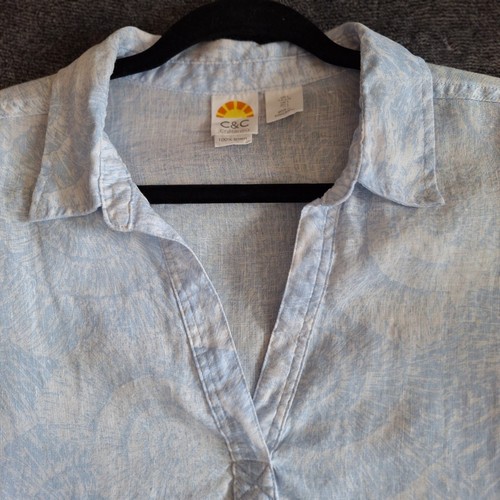 C & C California 100% Linen Pop Over Blouse Womans L Blue White Shell Swirl ... - Picture 2 of 10