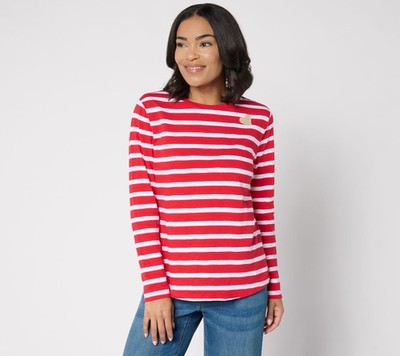 Studio Park Women's Top Sz L 100% Cotton Long-Sleeve Striped T-Shirt Red A676831