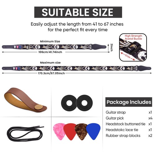 ® Guitar Strap Set for Bass/Electric/Acoustic Guitars - 41"-67" Cotton with L... - Foto 6 di 7