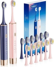 Electric Sonic Toothbrush 2-Pack – 12 Replacement Heads, 6 Modes, USB Recharge
