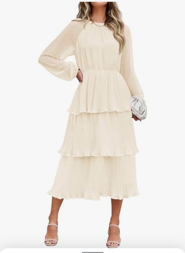 ZESICA 2025 Crew Neck Ruffle Tiered Layered Chiffon Flowy Swing Long Midi/Small - Picture 1 of 5