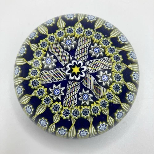 Peter McDougall Art Glass Paperweight Millefiori Latticino 6 Spoke Blue Yellow