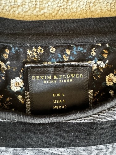 Denim & Flower Ricky Singh Shirt Men's Large Black White Striped Short Sleeve - Picture 7 of 10