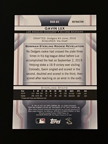 2020 Bowman Sterling rifrattore #BSR-83 Gavin Lux RC Rookie #/199 - Foto 2 di 2