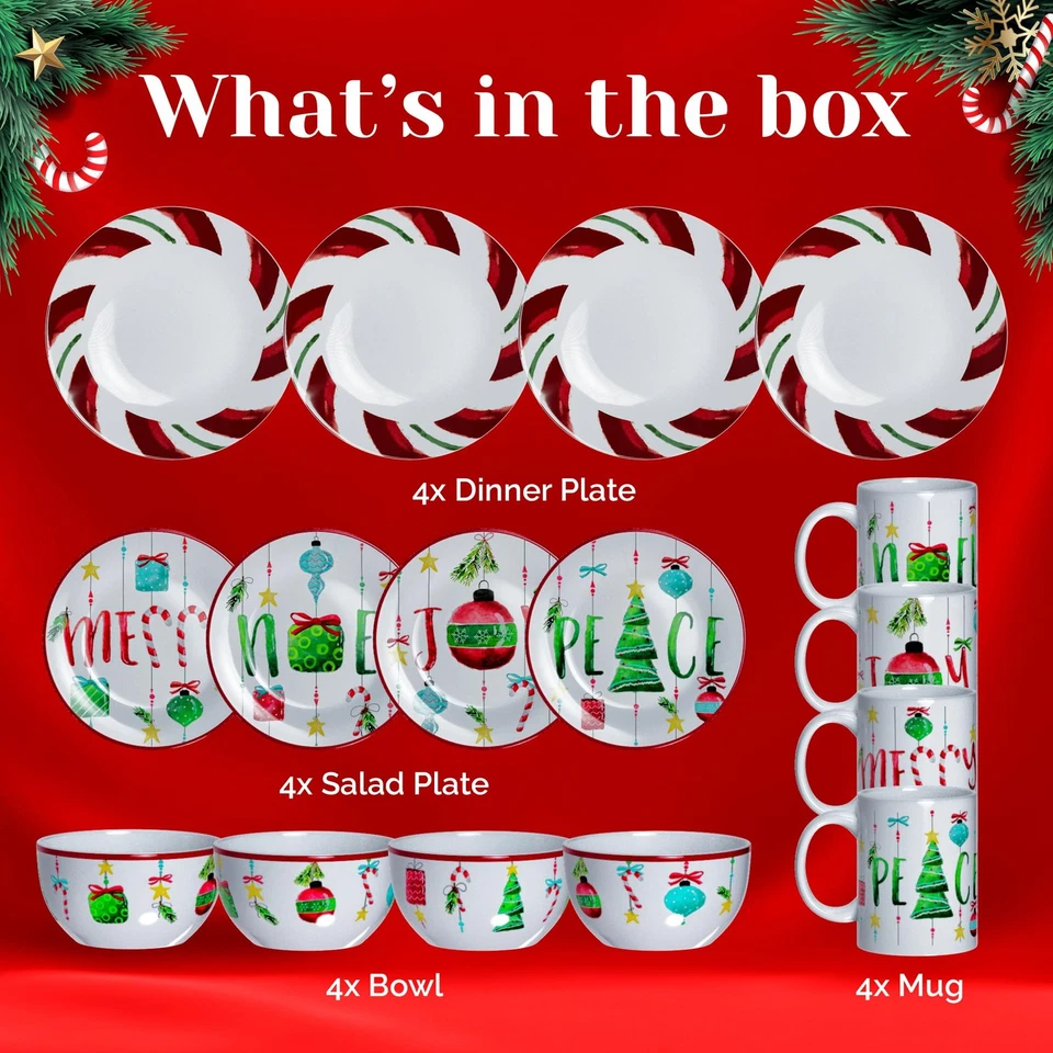 16-Piece Christmas-Themed Stoneware Dinnerware Set - Green/Red - Image 4 of 4