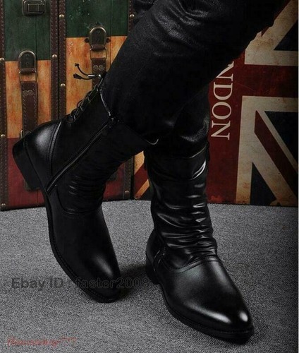 Men's Black Pointy Toe Ankle Boots Dress High Top side zip Business Shoes - Picture 5 of 15