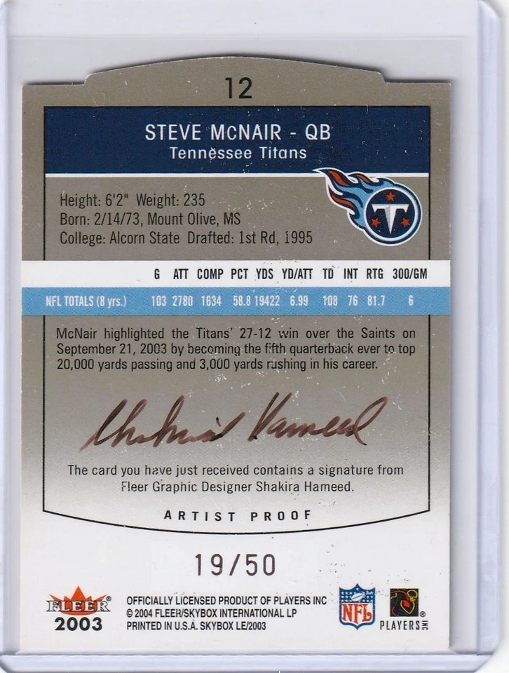 2003 Skybox LE Artist Proof Fleer Employee Auto /50 Steve McNair #12 Auto - Image 2 of 2