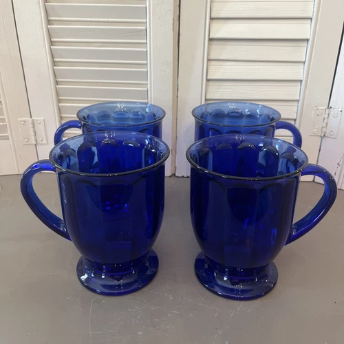 Rare Vintage Paneled/Ribbed  Anchor Hocking Cobalt Blue Glass Pedestal Mugs 16oz