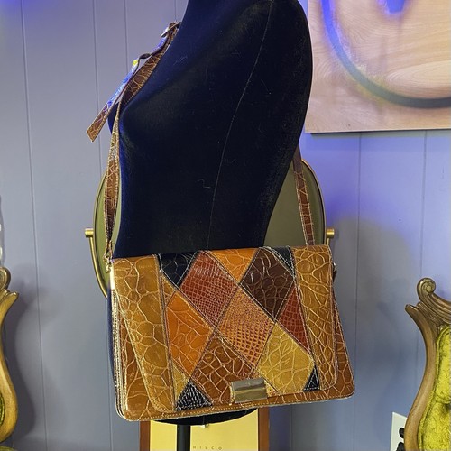 Borsa a tracolla/tracolla patchwork in pelle vintage anni 70