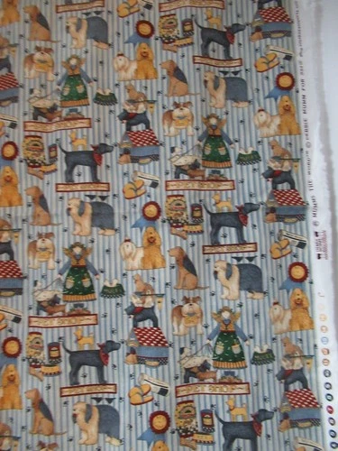 Debbie Mumm Dogs Allover for SSI  BLUE STRIPE WITH DOGS COTTON FABRIC     28X42"