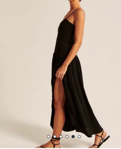 NEW Abercrombie Mixed Fabric Drop Waist Midi Dress Slit Large Tall Black NWT - Picture 3 of 11