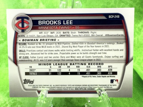 Brooks Lee - 2023 Bowman Chrome #BCP-248 Minnesota Twins - Prospect Card - Picture 2 of 12