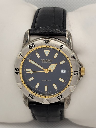Mens Helbros Invincible Sport Quartz Round Black Dial Leather Band Date Watch G8 - Picture 5 of 10